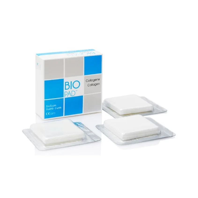 Membrana Biopad Collagene Equino 5×5 cm in collagene nativo di tipo I, sterile e riassorbibile, per rigenerazione tissutale e uso odontoiatrico.
